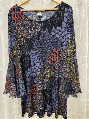 MSK Navy Multicolor Printed Long-Sleeve Bell-Sleeve Dress